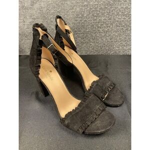 Kate Spade New York Black Suede Ruffle Block Heel Sandals 8M Vero Cuoio